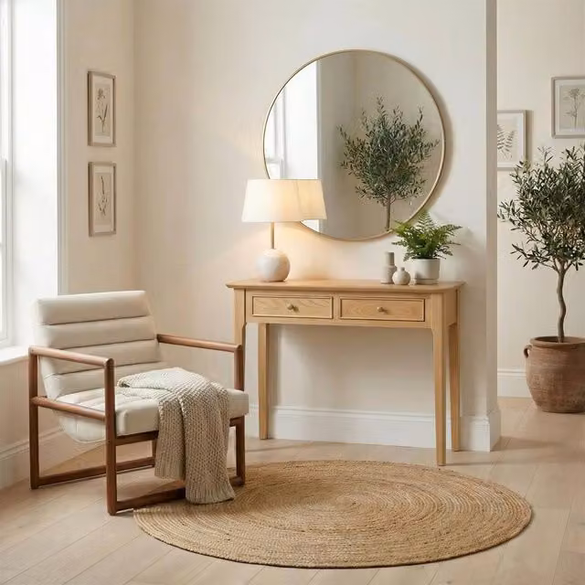 FurnitureboxUK Belle 2 Drawer Solid Oak Wood Console Table in Brown