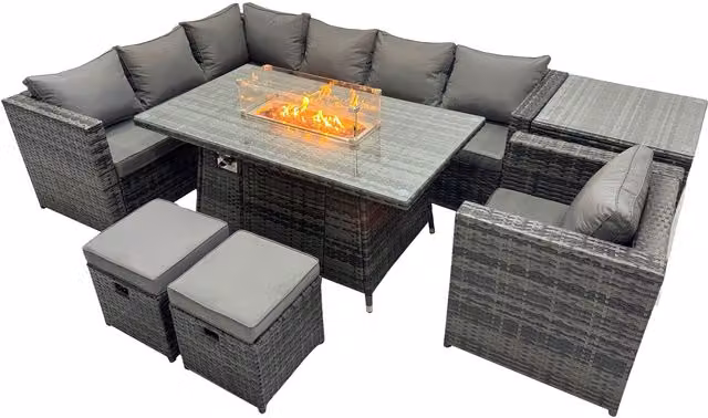 Fimous 9-Seater Rattan Garden Furniture Set with Gas Firepit in Dark Grey Mixed