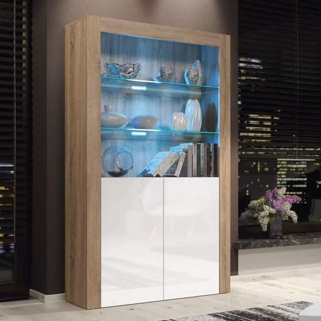 Mex Furniture LTD Modern Glossy Display Cabinet with LED Lighting and Glass Doors in Light Oak, Height: 170 cm