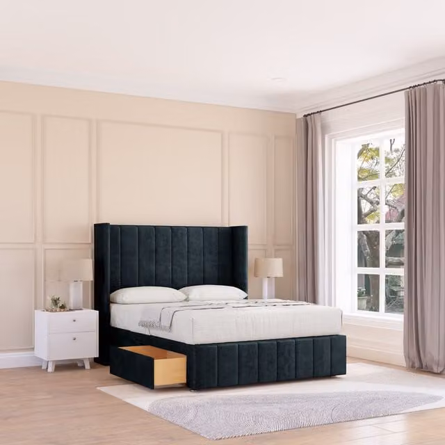 Sloomy Melbourne Naples Wingback Bed Set with 2 Drawers and Floor Standing Headboard in Black Velvet, W/D/H: 180 x 200 cm