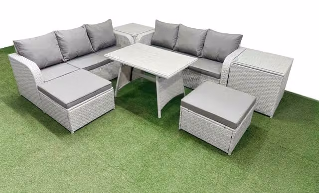 Fimous Rattan High Back Lounge Sofa Set with 2 Side Tables and 2 Ottomans in Light Grey