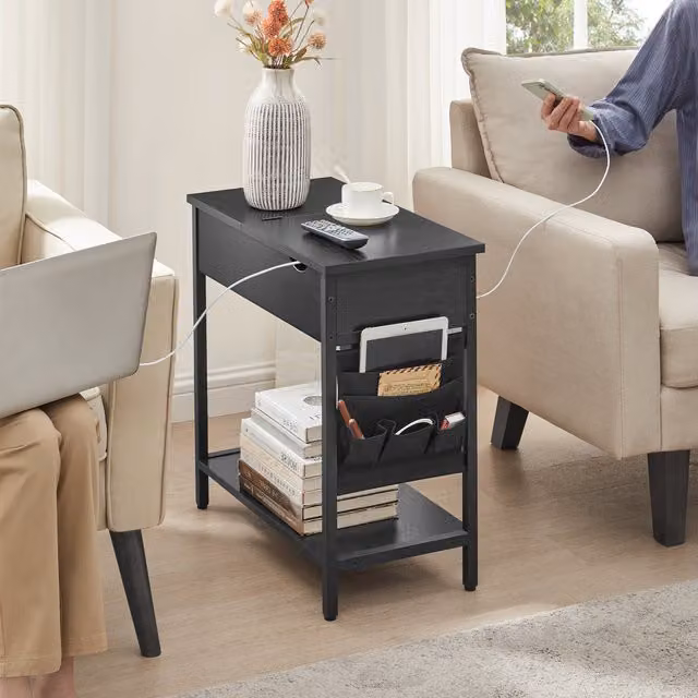 VASAGLE Modern Slim Side Table with Tilting Top and Storage in Black
