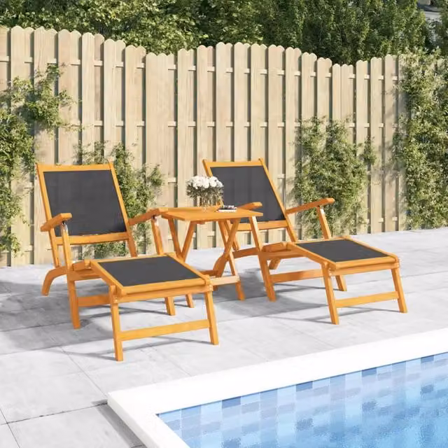 Berkfield Home Outdoor Deck Chair and Table Set in Brown Acacia Wood and Textilene – 1