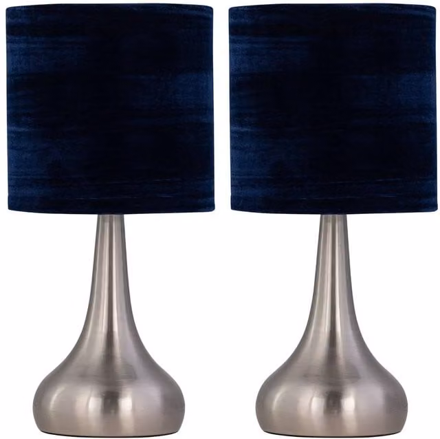 First Choice Lighting Romana Set of 2 Brushed Chrome Touch Table Lamps with Navy Blue Fabric Shades