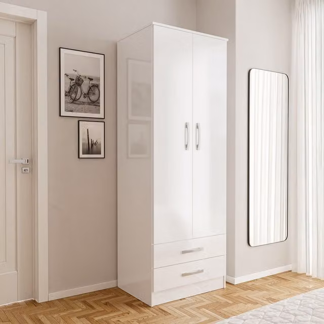Birlea Modern Glossy White and Silver 2 Door Combi Wardrobe with Internal Shelves, Drawers and Hanging Rod