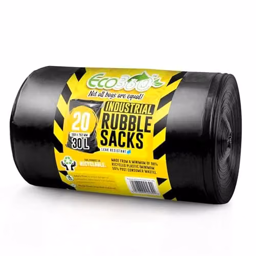 EcoBag 20 Pack Black Heavy Duty Rubble Bags, 30L, W: 50.8 cm, H: 76.2 cm
