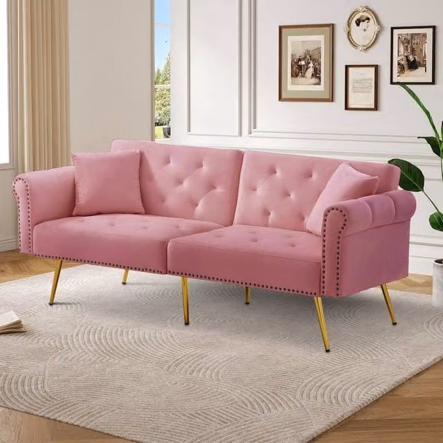 Merax Two Seater Velvet Sofa Bed in Pink with Adjustable Headrest and Scatter Cushions, W/D/H: 177 x 74 x 71 cm – 1
