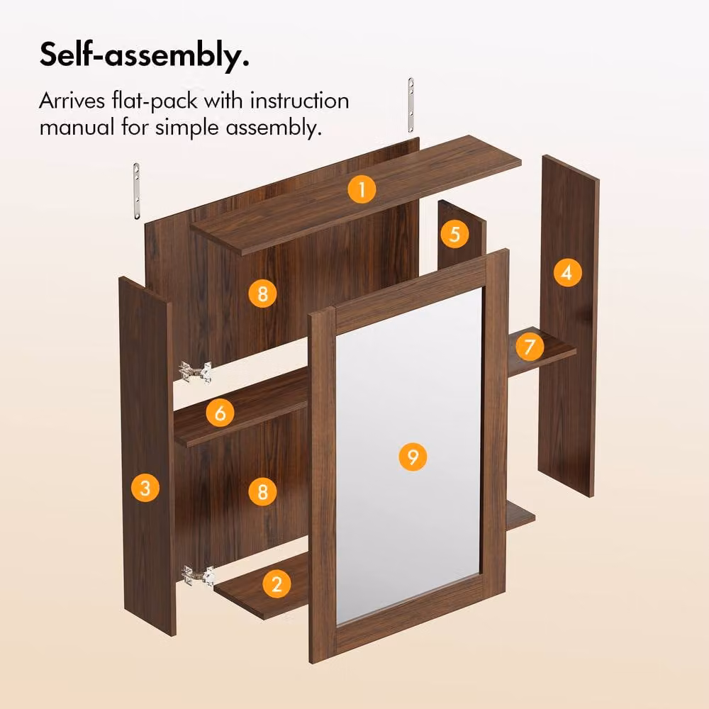 VonHaus Chester Wall Mounted Bathroom Mirror Cabinet in Dark Brown with Hinged Doors and Internal Shelves – 7