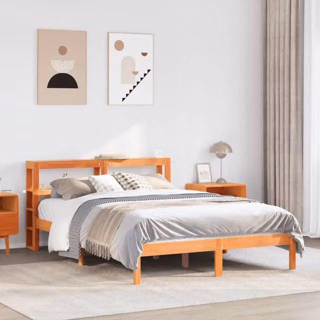 Berkfield Home Small Double Bed Frame with Headboard in Wax Brown, Solid Pine Wood, W/D/H: 120 x 200 cm – 1