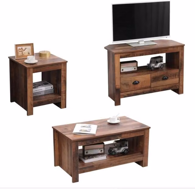 HMD Furniture Rustic Brown Wooden Living Room Set Including Lamp Table, Coffee Table and TV Unit