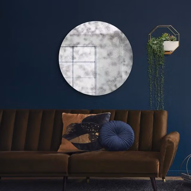 MirrorOutlet Antique Round Wall Mirror in Silver and Black, Diameter: 100 cm
