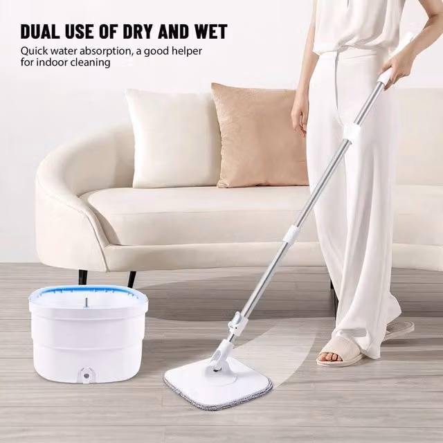 EONLION Floor Magic Spin Mop and Bucket Set with Microfibre Mop and Wringer, White, Height: 100 cm