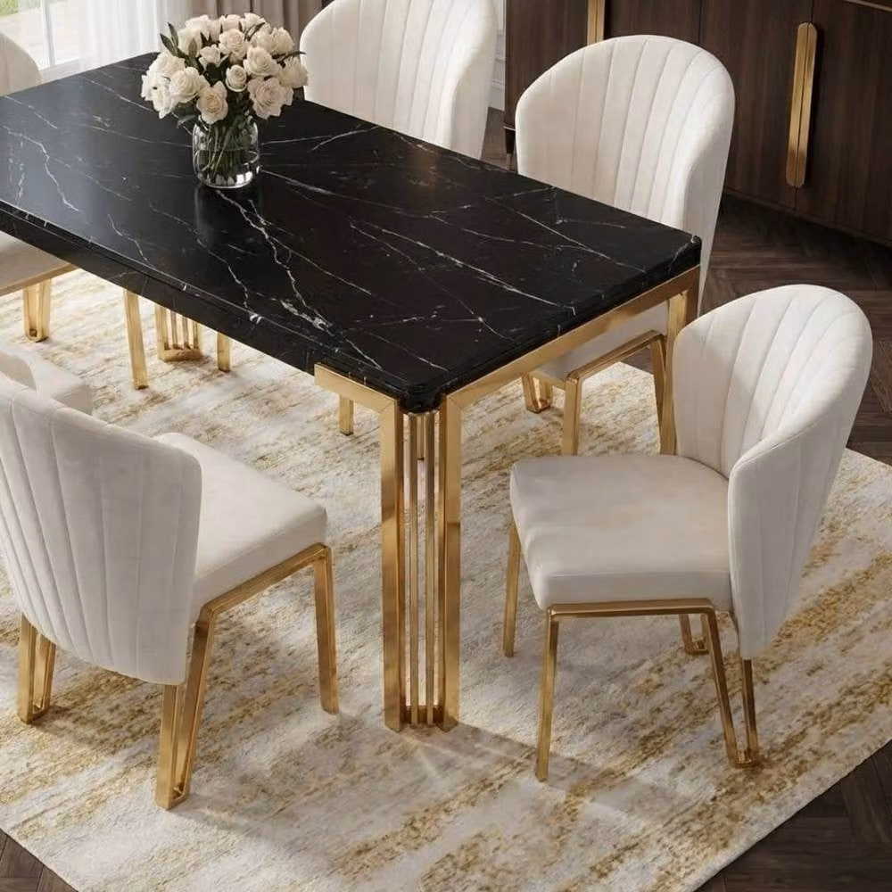Home Luxe Interior Sorrento 180cm Black Marble Dining Table with Gold Legs and 6 Fabio Beige Chairs – 6
