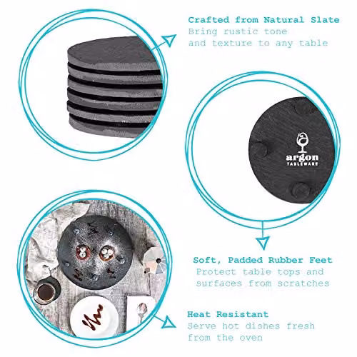 Argon Tableware Round Black Slate Coasters, 6 Piece Set with Holder, Diameter: 10 cm – 6