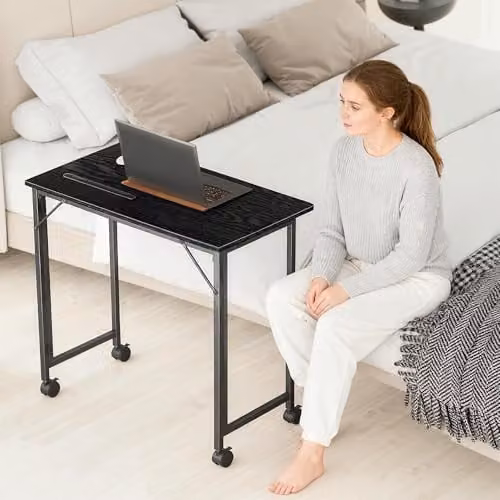 HOMCOM Small Folding Writing Desk with Castors, Black, W: 80 cm, D: 52 cm, H: 75 cm – 7