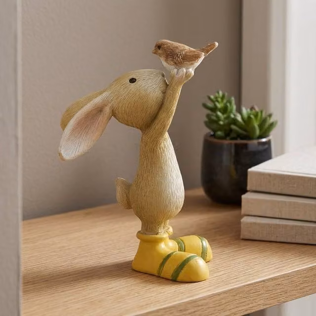 Garden Greatness Spring Rabbit Holding Bird Ornament, Beige and Multicolour Resin Tabletop Decoration