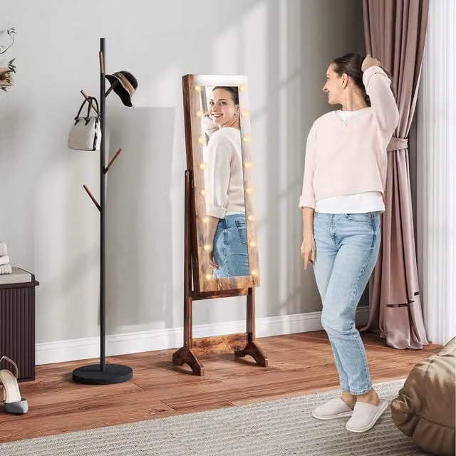 HOMCOM Freestanding Jewelry Cabinet with LED Mirror and Internal Shelves in Rustic Brown