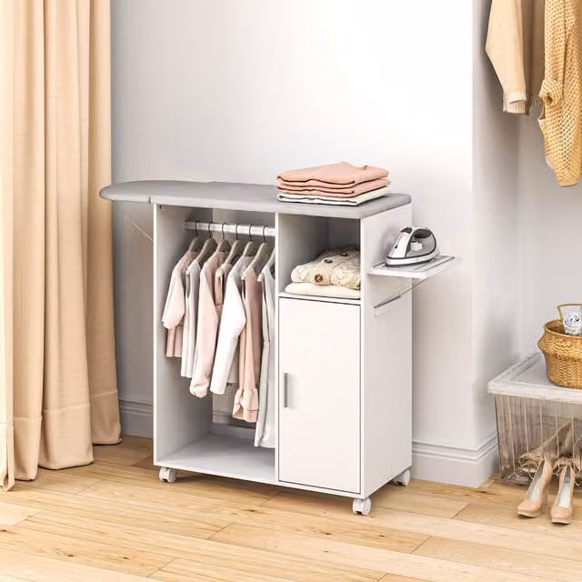 HOMCOM Foldable Rolling Ironing Board Cabinet with Storage, White