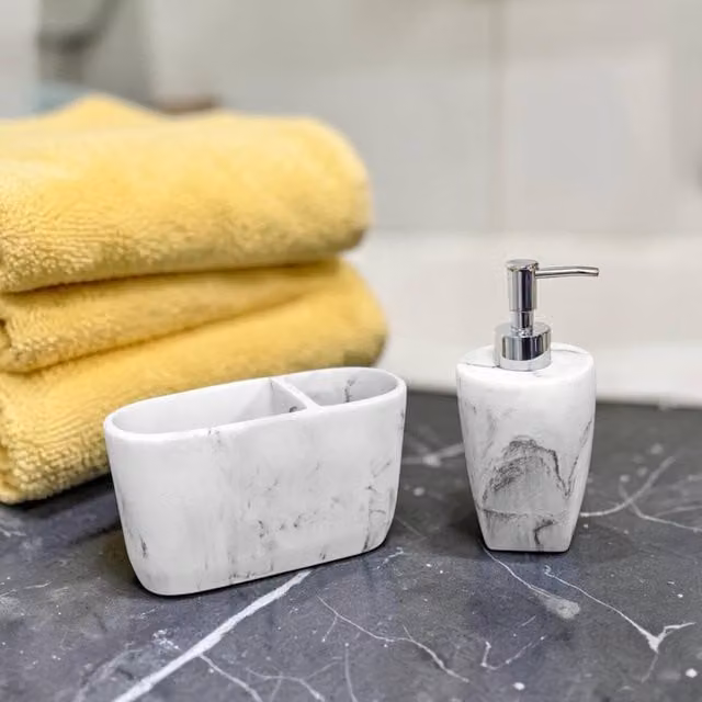 Showerdrape Octavia White Resin Bathroom Accessory Set with Soap Dispenser and Toothbrush Holder