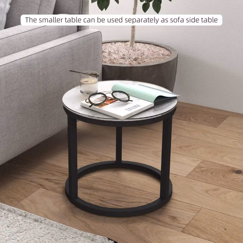 STILVORA 2 Piece Modern Round Nesting Coffee Table Set with Glass Tops and White Metal Sled Base – 4
