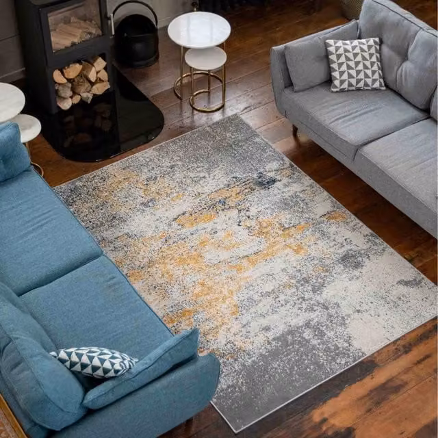 The Rug House Modern Geometric Distressed Abstract Living Area Rug in Yellow and Multicolour, W: 150 cm, D: 80 cm