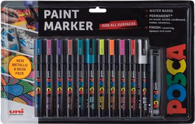 POSCA Pack of 12 Metallic and Neon Multicolour Chalk Markers with Bullet Tip