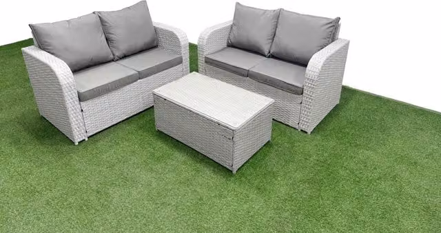 Fimous 4 Seater Rattan Garden Furniture Set with Outdoor 2 Seater Sofa, Coffee Table and Weather Resistant Cushions in Light Grey