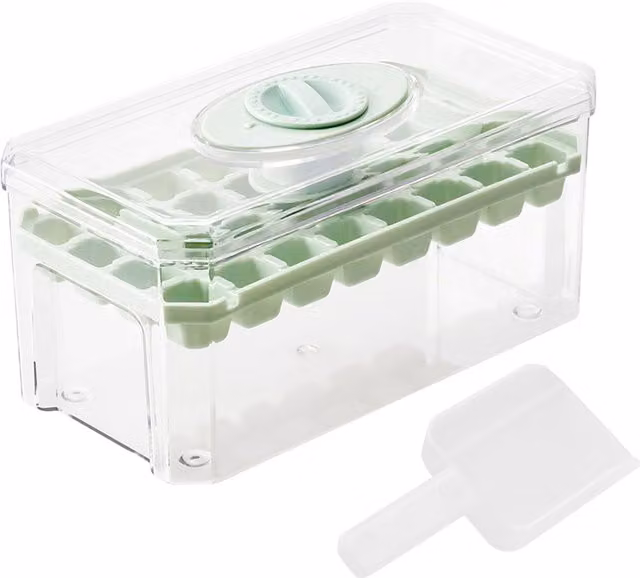 Livingandhome 32-Grid Press-Type Ice Cube Mould Box in Transparent and Green Plastic