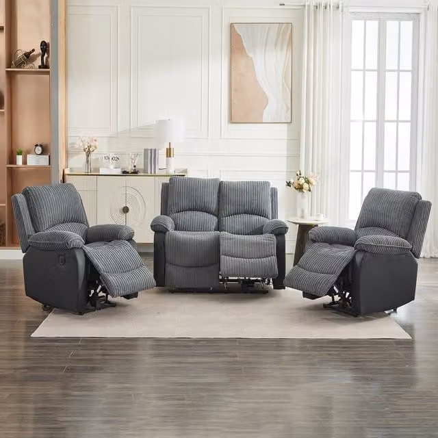 Furniture One Grey Corduroy Sectional Recliner Sofa Set