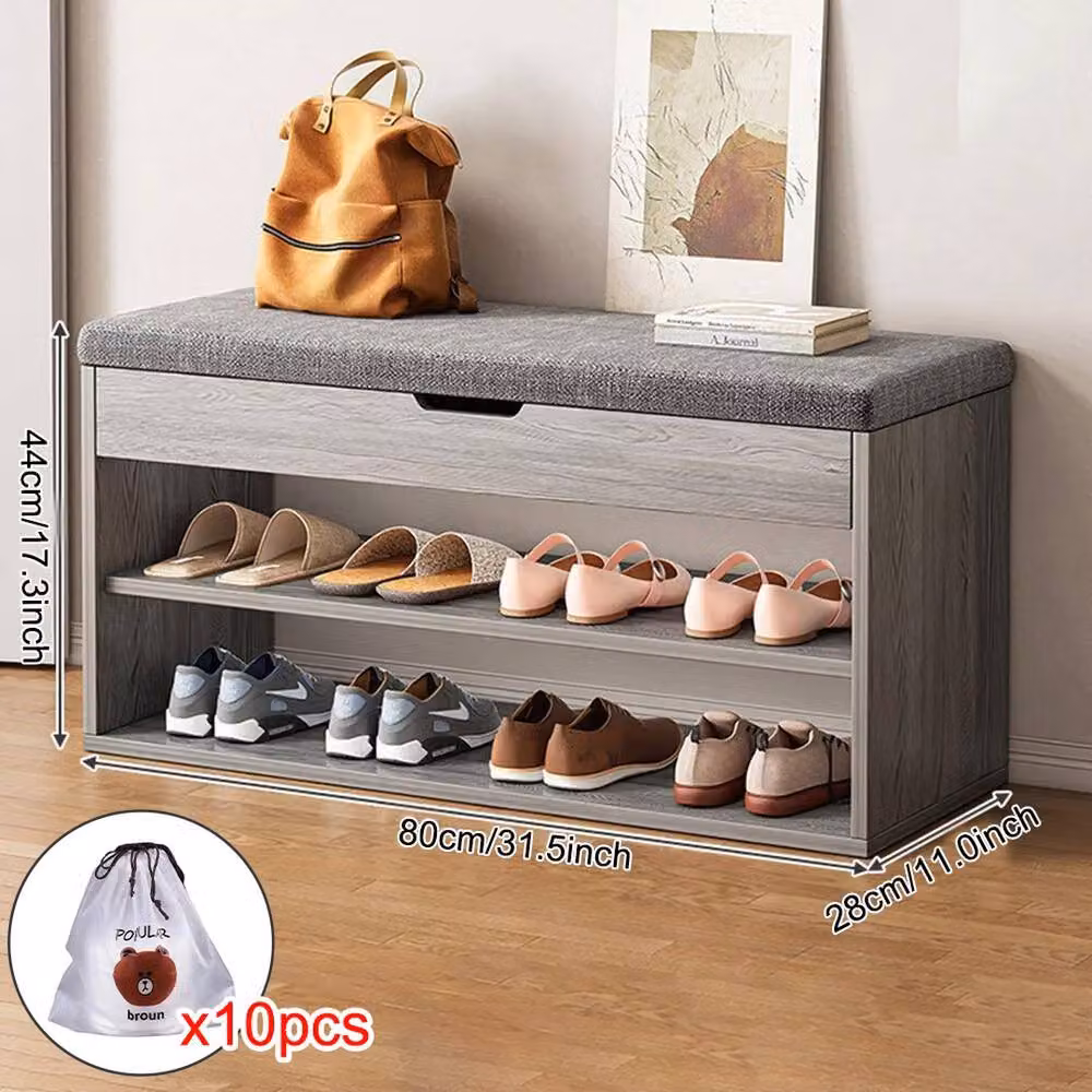 KORVIXA Grey Shoe Bench and Storage Rack Organiser with Fabric Cushion – 2