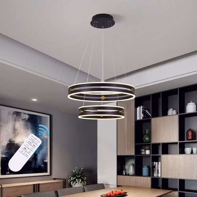 Garwarm 64W Black Acrylic 2-Ring Dimmable LED Chandelier with Remote Control