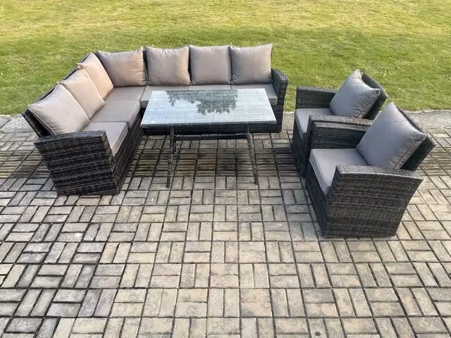Fimous 8 Seater Rattan Garden Furniture Set with High Back Corner Sofa, Dining Table and 2 Armchairs in Dark Grey
