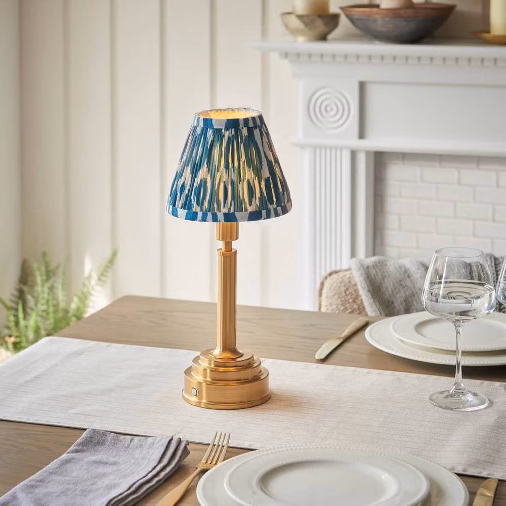 Netlighting Upton Rechargeable LED Table Lamp with Blue Fabric Ikat Shade and Gold Brass Base – 2