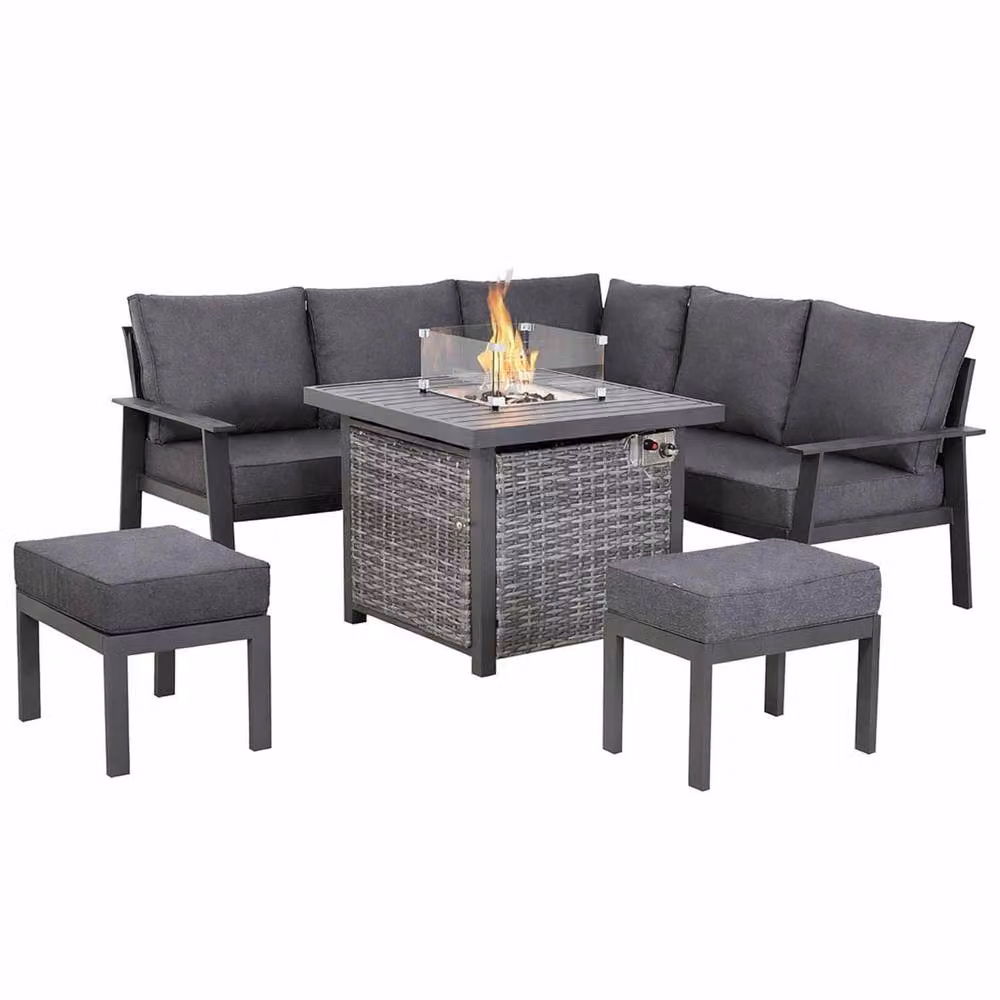 Furnishings For Less UK Powder Coated Aluminium L-Shape Garden Corner Sofa Set with Fire Pit Table, Bench and Upholstered Cushions in Grey – 2