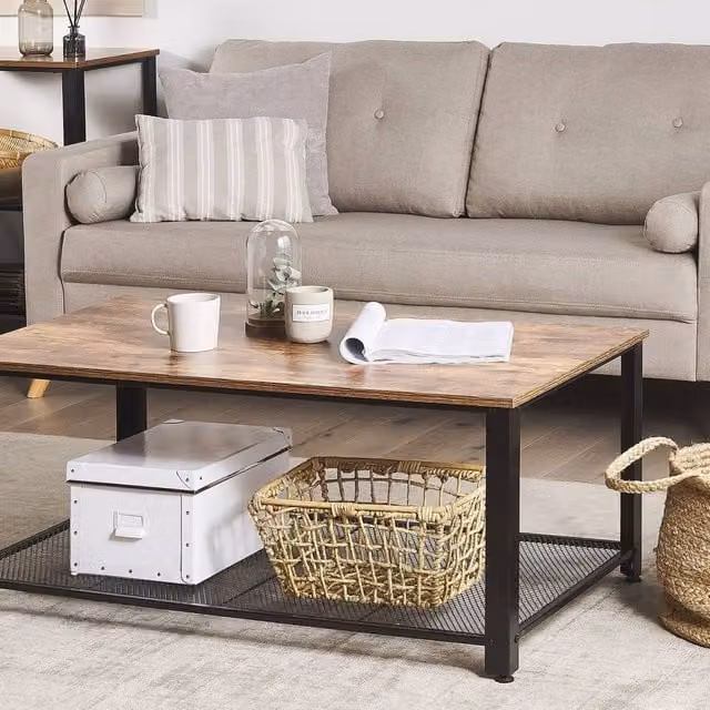 Wyld and Coco Industrial Rectangular Coffee Table with Dark Brown MDF Top and Black Metal Legs – 1