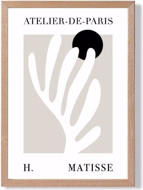 ARTZE Matisse Floral Cutout Beige and Black Framed Botanical Print with Oak Frame, A3