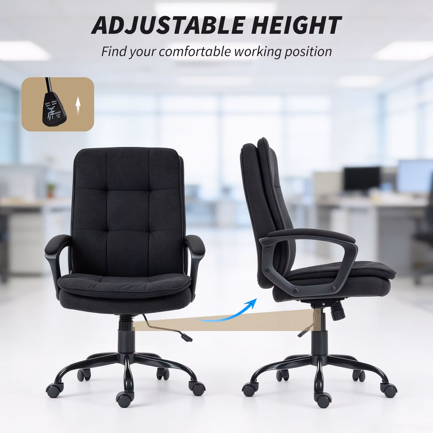 HOMCOM Black Linen-Look Double-Padded Fabric Office Task Chair W/D/H: 55 x 50 x 120 cm – 5