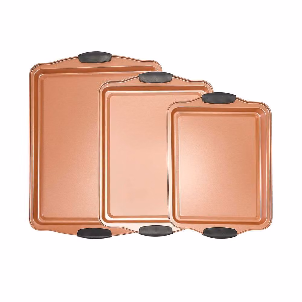 Basilico Non-Stick Copper Infused Rectangular Baking Trays, Set of 3, W: 45 cm, L: 30 cm, Bronze and Orange – 1