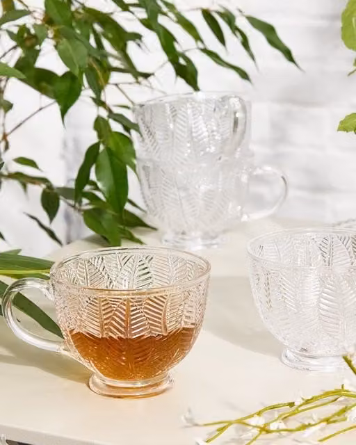 Dibor Set of 4 Vintage Embossed Botanical Glass Coffee Mugs and Tea Cups, 400ml, Clear