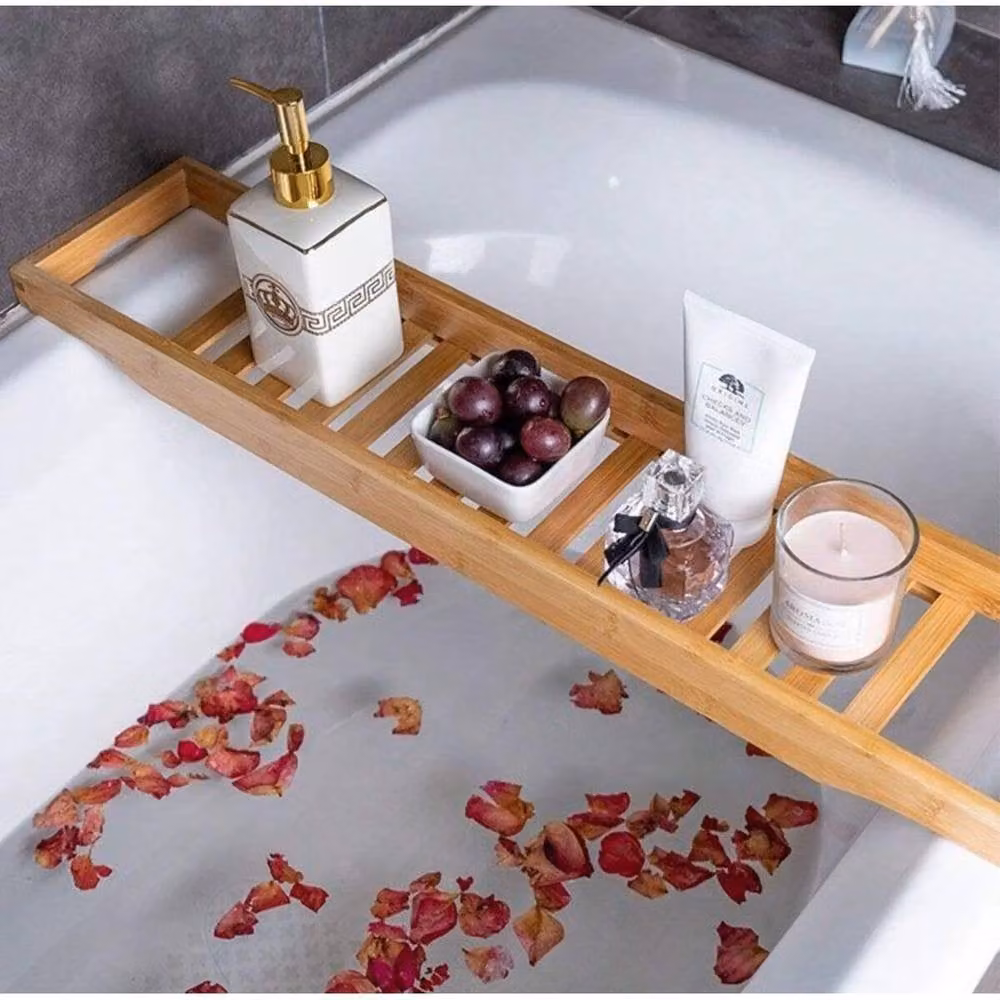 SPETLEK Bamboo Wooden Bath Caddy Tray and Bathtub Shelf in Natural Brown and Beige – 2