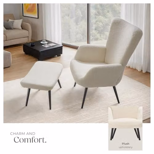 tectake Scandi Style Armchair with Ottoman in Cream Bouclé and Black Metal Legs – 4