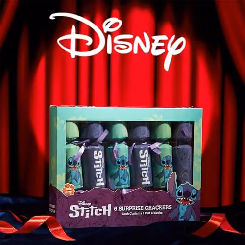 Disney Stitch Luxury Christmas Crackers, Pack of 6 Multicolour Party Crackers with Adult Socks for You – 4