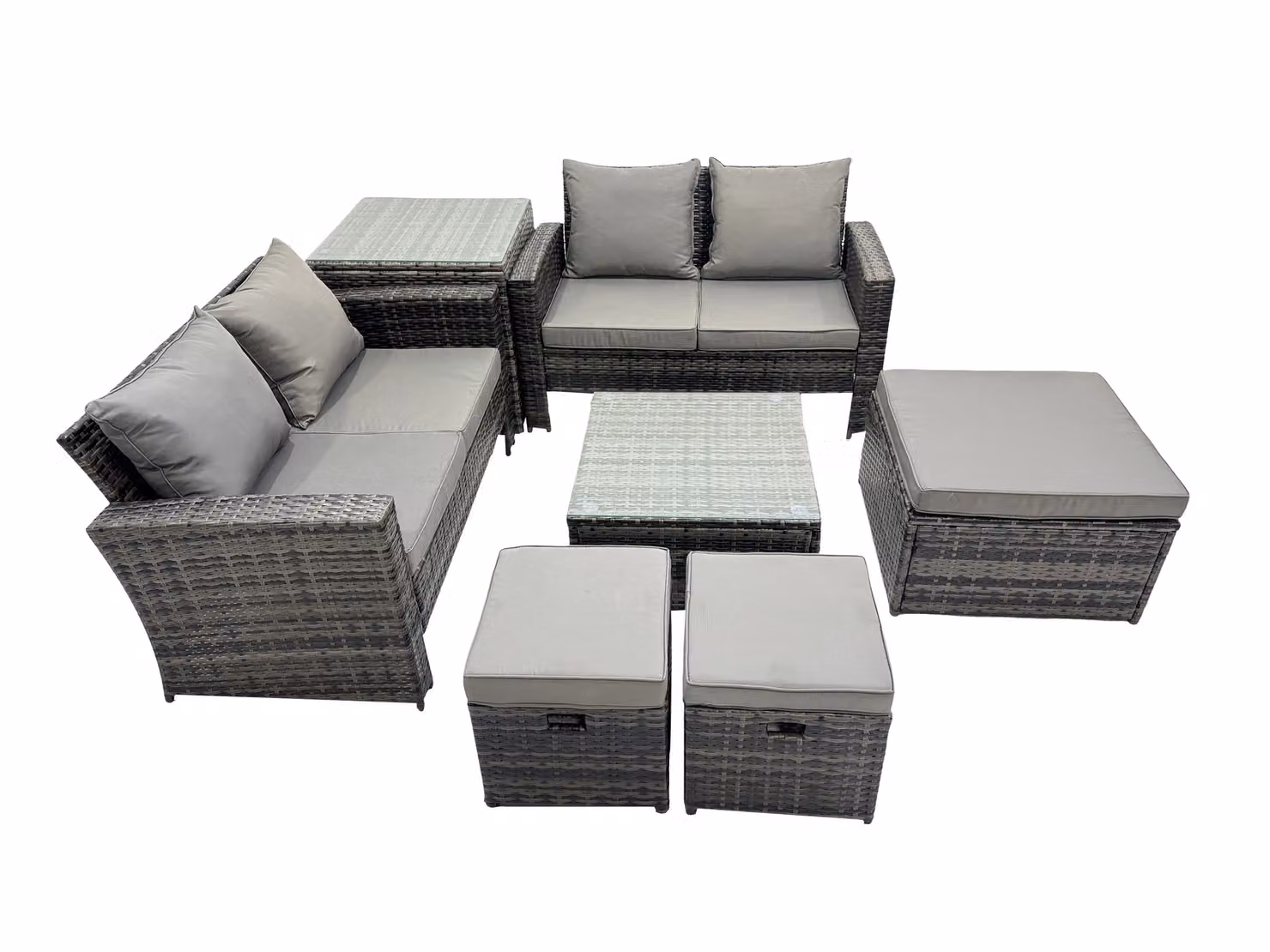 Fimous Lounge Outdoor Furniture Set in Dark Grey featuring 2 Seater Sofa, Coffee Table, Side Table and 3 Stools – 2