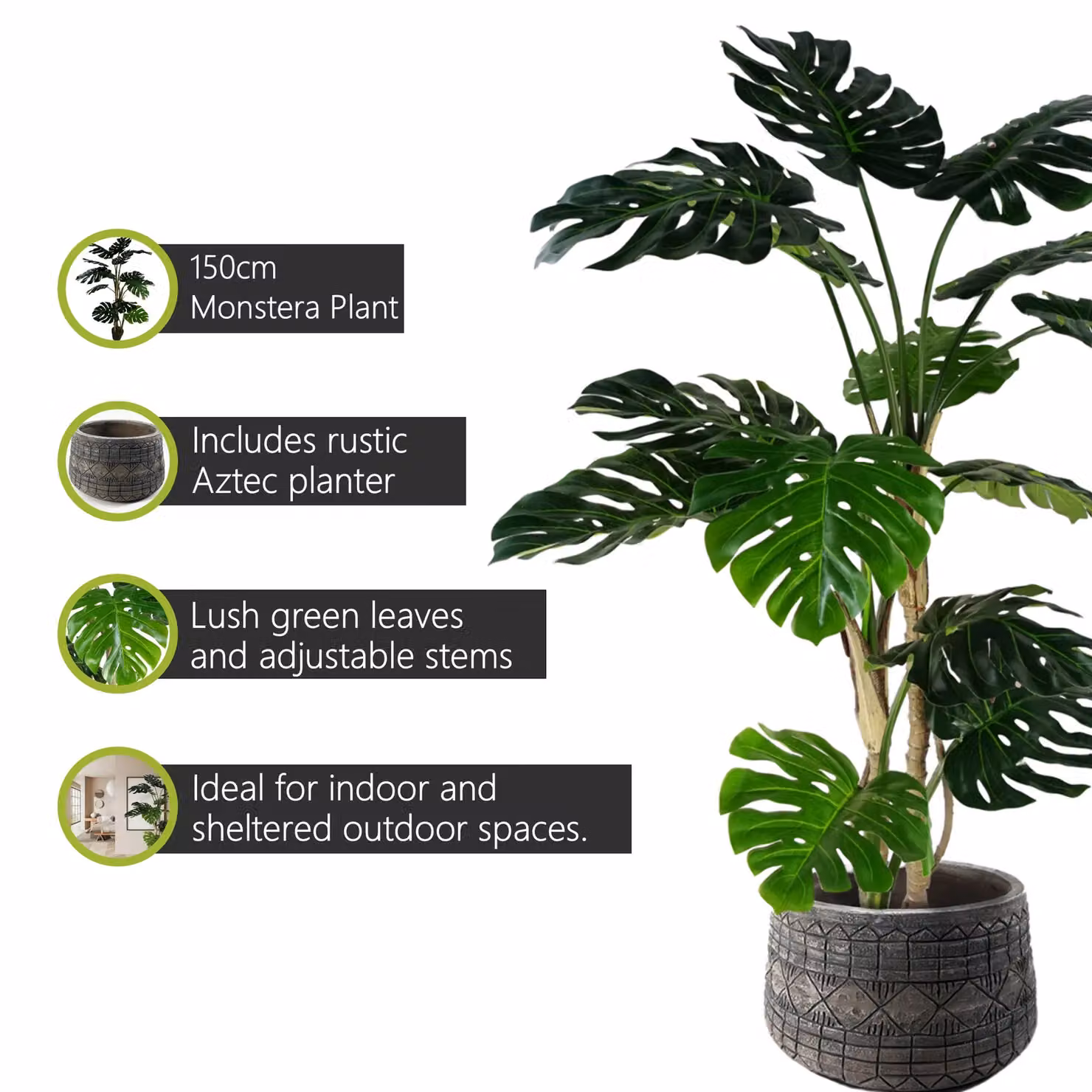 Pegdev 150cm Artificial Monstera Plant with Large Rustic Green Fibreglass Planter – 2