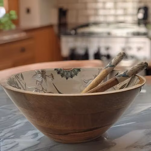 Hartsmede Handmade Mango Wood Serving Bowl Set with Matching Spoons, Beige Floral Design, Diameter: 30.48 cm – 4