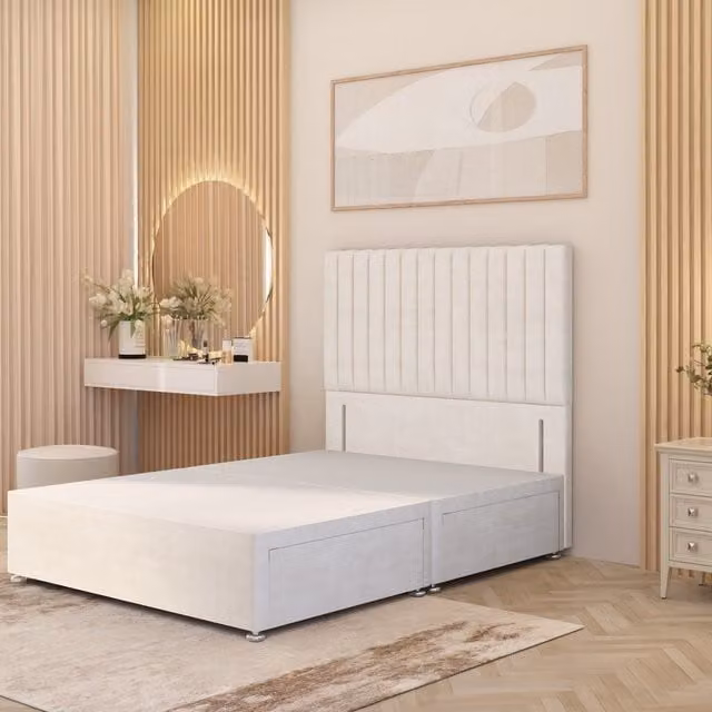 Somnior Beds Ltd Verona Divan Bed Base with 54 inch Floor Standing Headboard in Plush Velvet with Drawers, Ivory, W/D/H: 90 x 190 cm