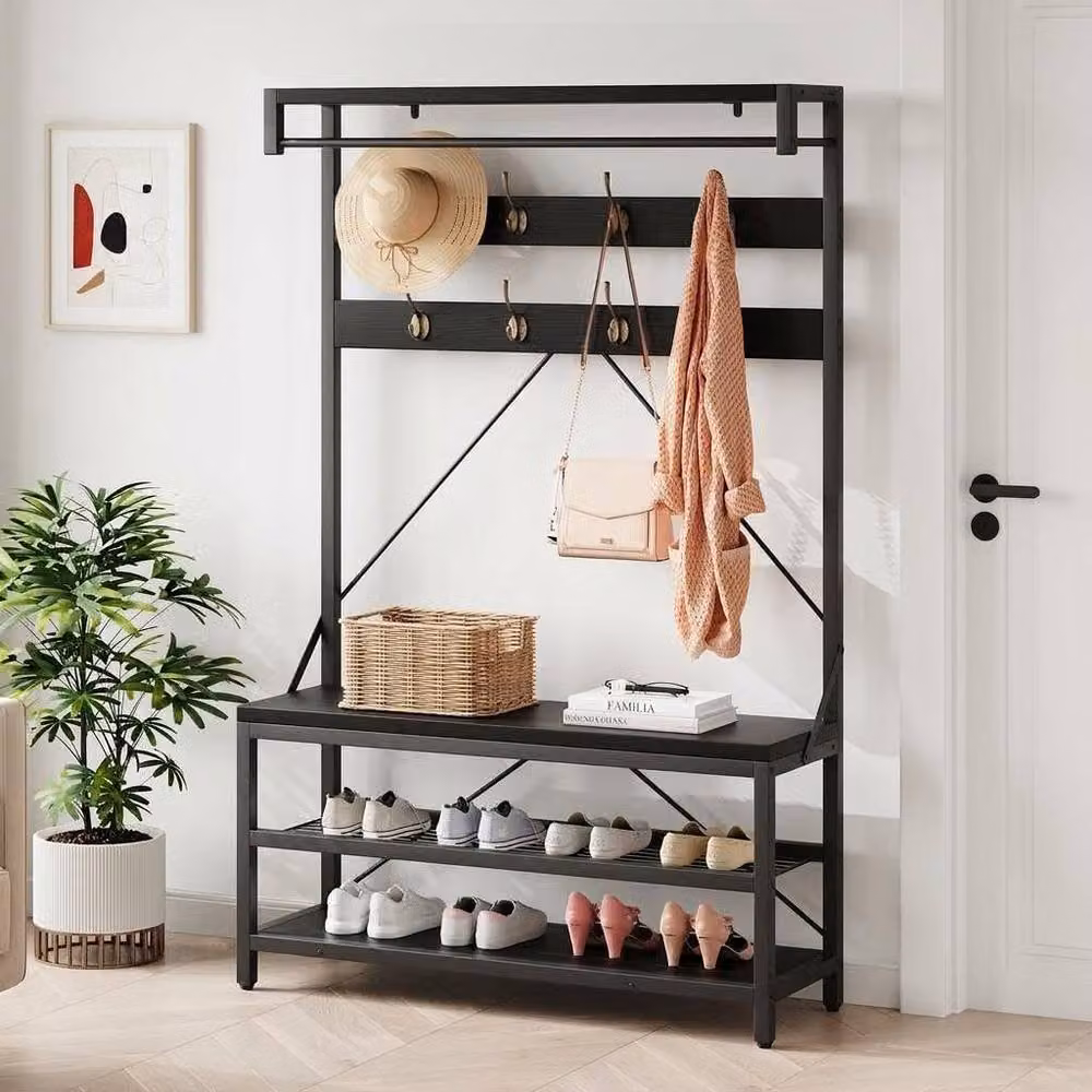 London Boutique Modern Hall Tree with Shoe Bench and 8 Hooks, Black, H 183 x W 136 x D 40 cm – 2