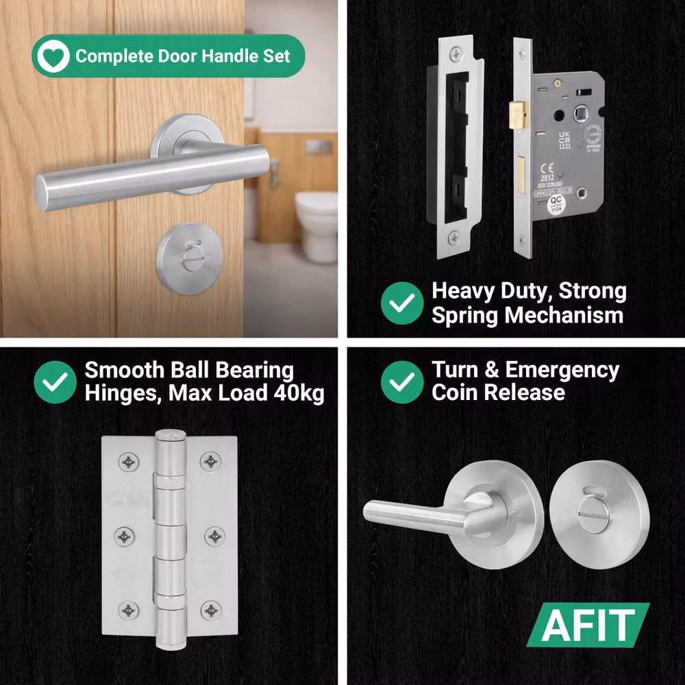 AFIT Silver Satin T-Bar Lever Bathroom Door Handle and Hinge Kit with 76mm Lock, W/D/H: 15 x 15 x 1.5 cm – 3