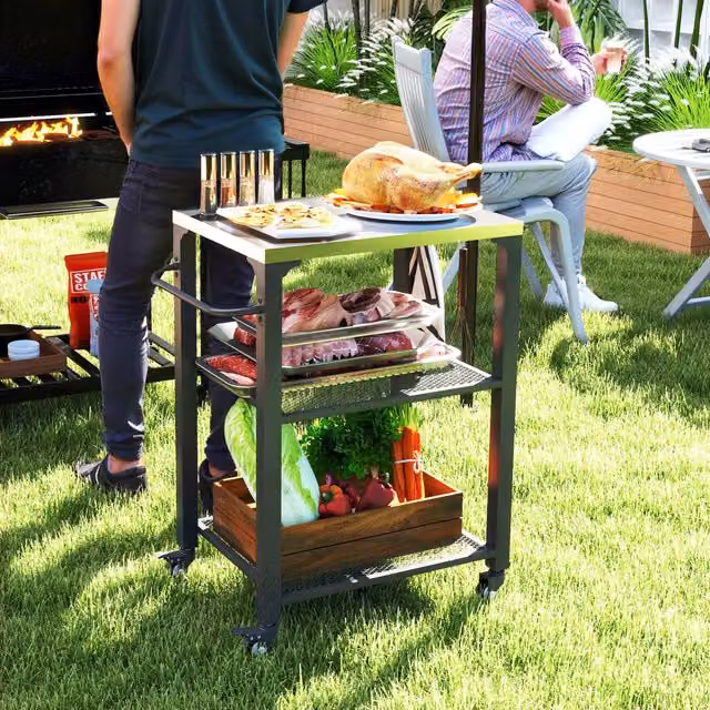Outsunny Three-Shelf Outdoor Grill Cart with Stainless Steel Top, Silver