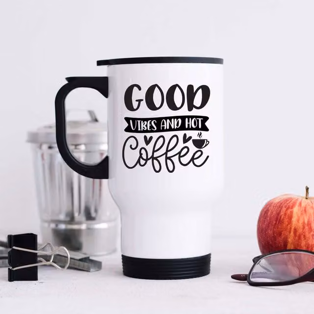 60 Second Makeover Limited Good Vibes and Hot Coffee Metal Travel Mug in White – 1